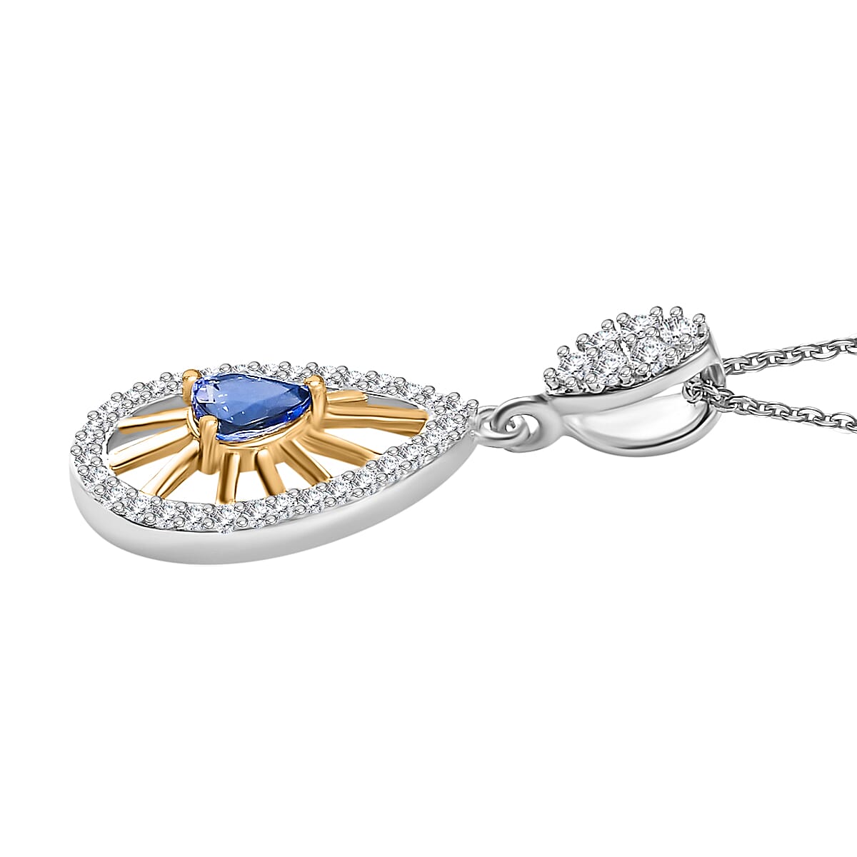 Tanzanite & White Zircon Pendant with Chain (Size 20) in Rhodium Overlay Sterling Silver