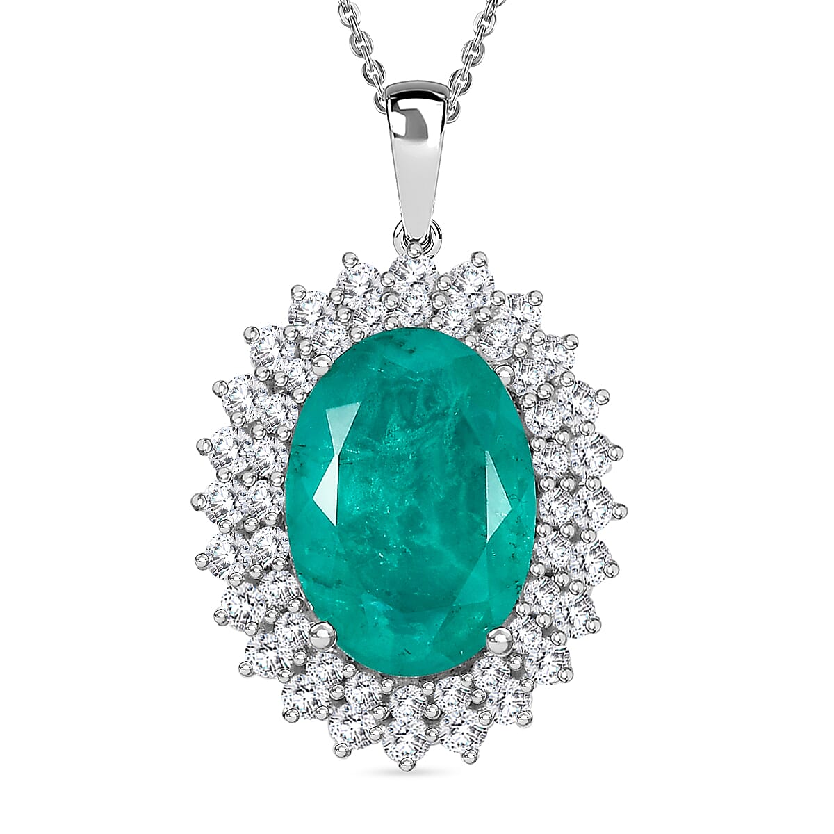 Emeraldine Quartz,White Zircon Chain (Size 20) and Solitaire Pendant in Rhodium Sterling Silver 15.95 Ct