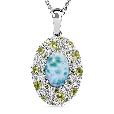 Natural Teal Green Larimar, Natural Peridot & White Zircon Pendant with Chain (Size - 20) in Rhodium Overlay Sterling Silver 11.25 Ct, Silver Wt. 7.95 Gms. Natural Teal Green Larimar, Natural Peridot & White Zircon Pendant with Chain (Size - 20) in Rhodium Overlay Sterling Silver 11.25 Ct, Silver Wt. 7.95 Gms.