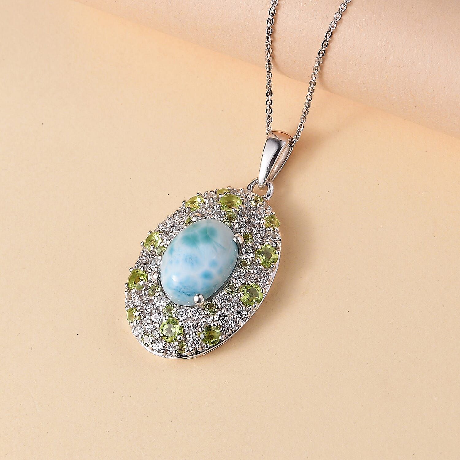 Larimar, Natural Peridot & White Zircon Pendant with Chain (Size - 20) in Rhodium Overlay Sterling Silver 11.25 Ct, Silver Wt. 7.95 Gms.