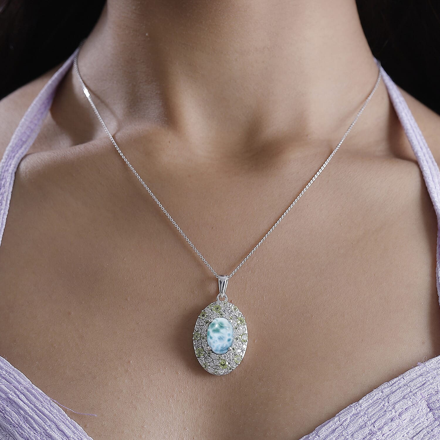 Larimar, Natural Peridot & White Zircon Pendant with Chain (Size - 20) in Rhodium Overlay Sterling Silver 11.25 Ct, Silver Wt. 7.95 Gms.