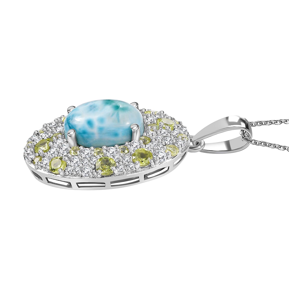 Larimar, Natural Peridot & White Zircon Pendant with Chain (Size - 20) in Rhodium Overlay Sterling Silver 11.25 Ct, Silver Wt. 7.95 Gms.