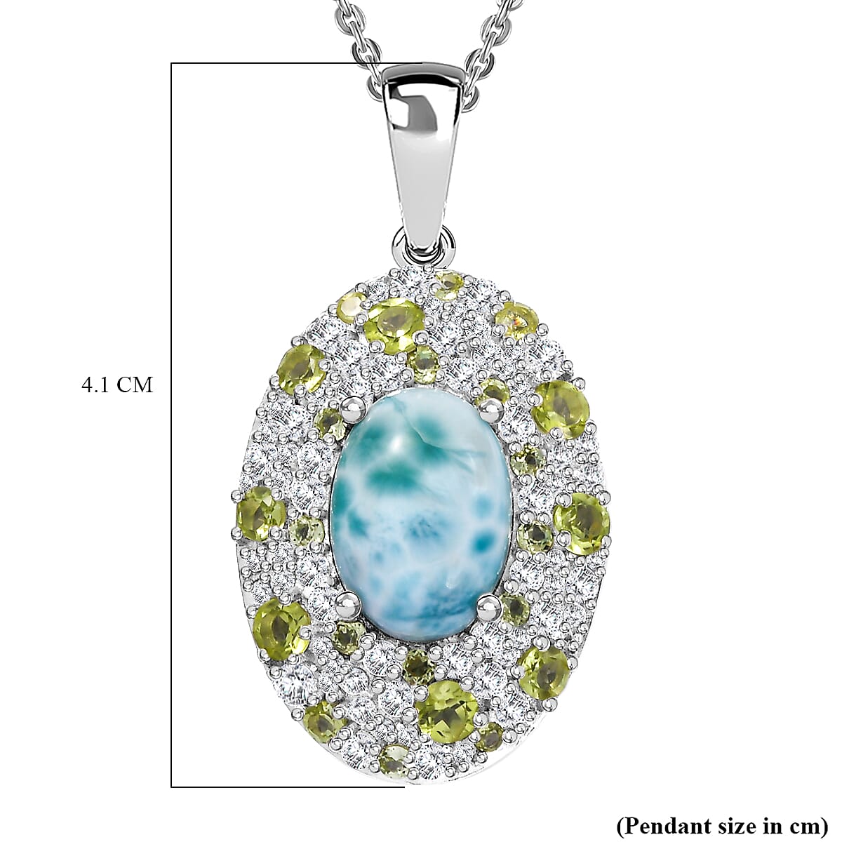 Larimar, Natural Peridot & White Zircon Pendant with Chain (Size - 20) in Rhodium Overlay Sterling Silver 11.25 Ct, Silver Wt. 7.95 Gms.