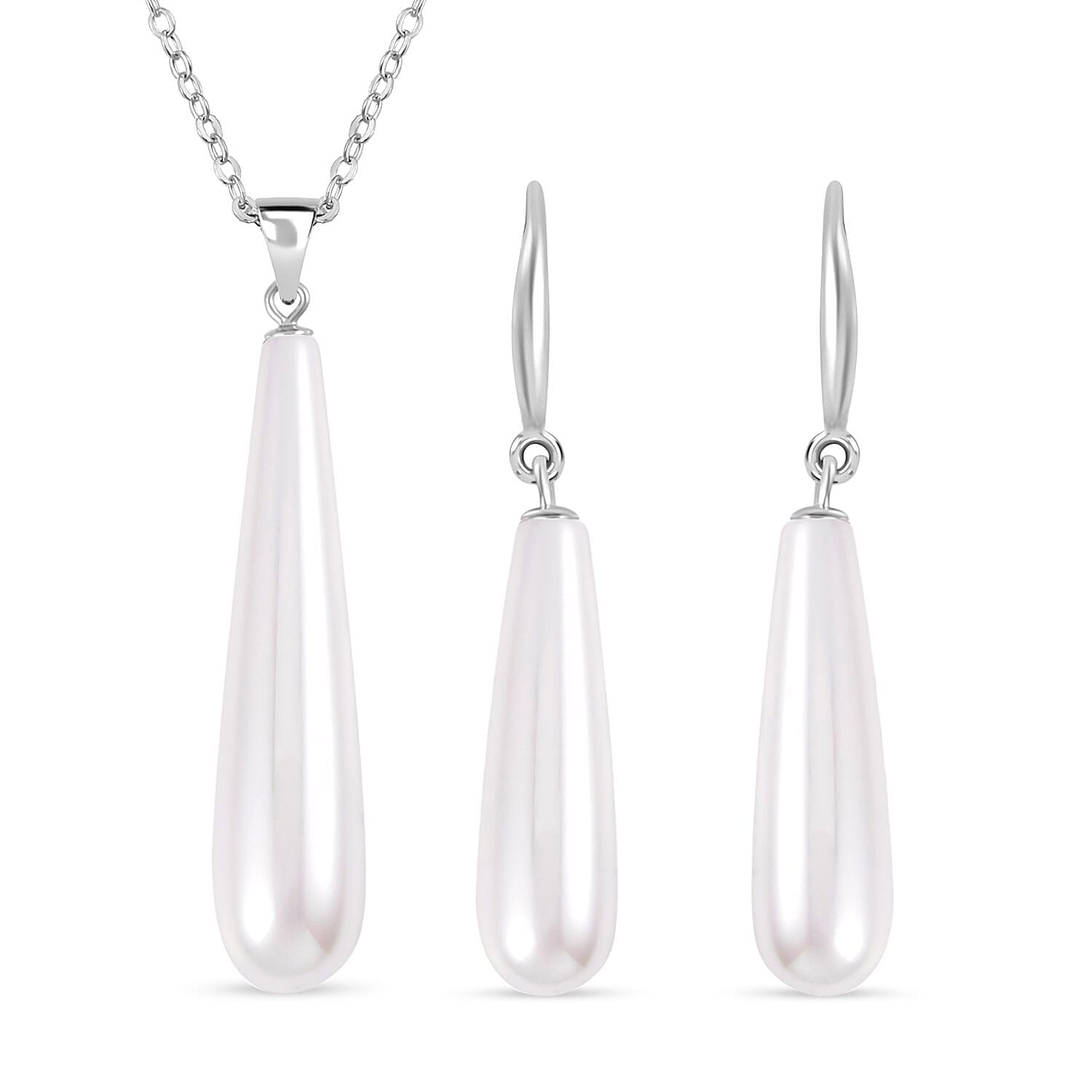 2 Piece Set - White Shell Pearl Drop Earring with Hook & Necklace (Size - 20) in Silver Tone 30.00 Ct.
