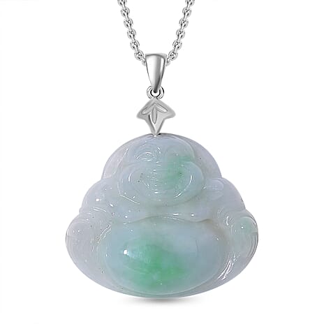 Extremely Rare - Type A Natural Bi- Colour Jadeite Laughing Buddha Carved Pendant with Chain (Size 20) in Rhodium Overlay Sterling Silver 20.0 Ct