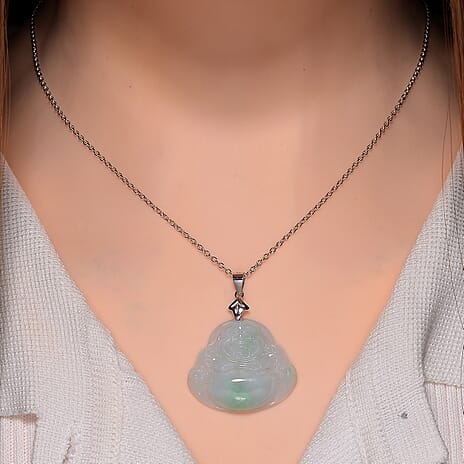 Extremely Rare - Type A Natural Bi- Colour Jadeite Laughing Buddha Carved Pendant with Chain (Size 20) in Rhodium Overlay Sterling Silver 20.0 Ct