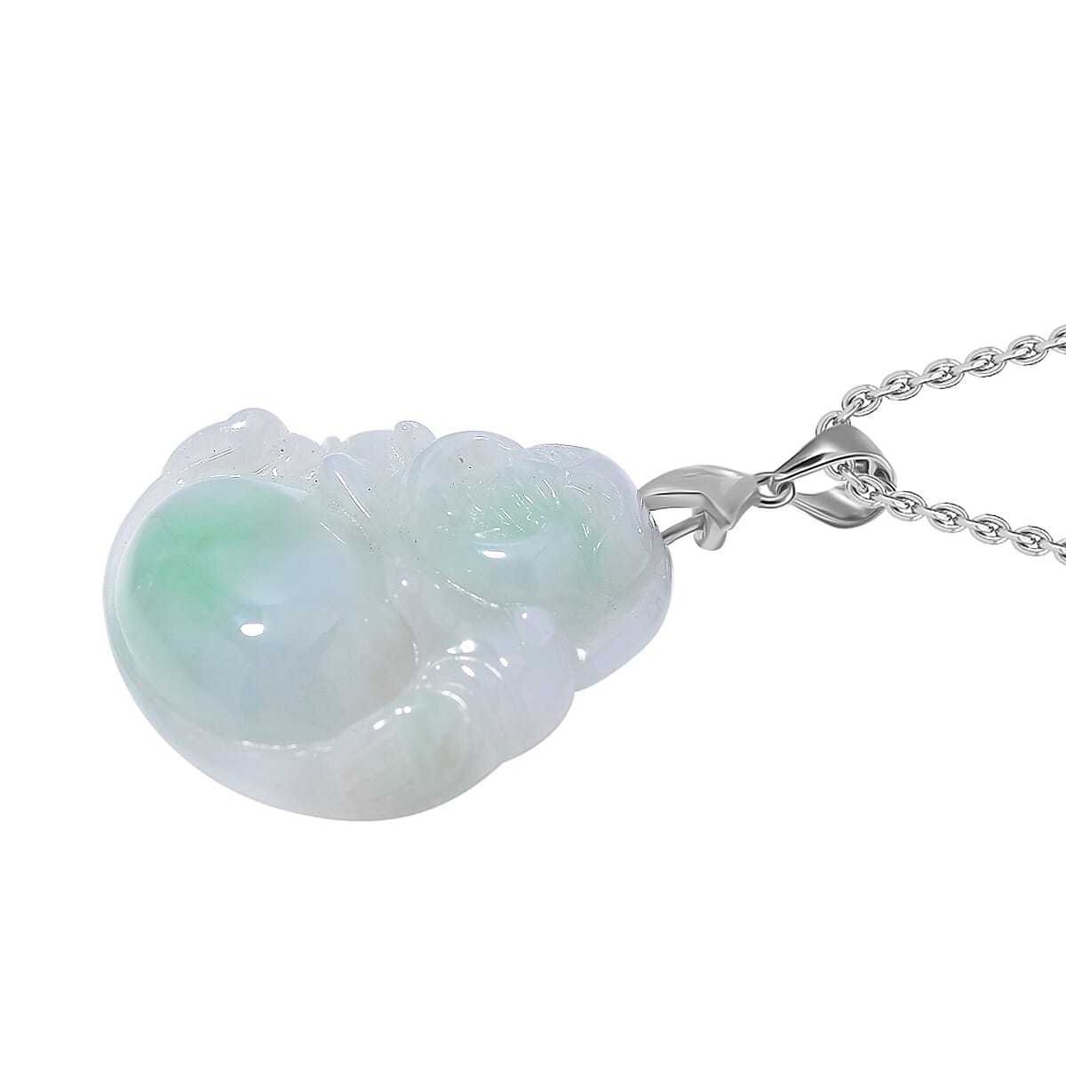 Extremely Rare - Type A Natural Bi - Colour Jadeite Laughing Buddha Carved Pendant with Chain (Size 20) in Rhodium Overlay Sterling Silver 20.00 Ct.