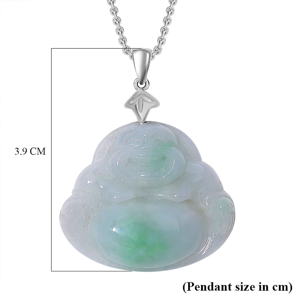 Extremely Rare - Type A Natural Bi - Colour Jadeite Laughing Buddha Carved Pendant with Chain (Size 20) in Rhodium Overlay Sterling Silver 20.00 Ct.