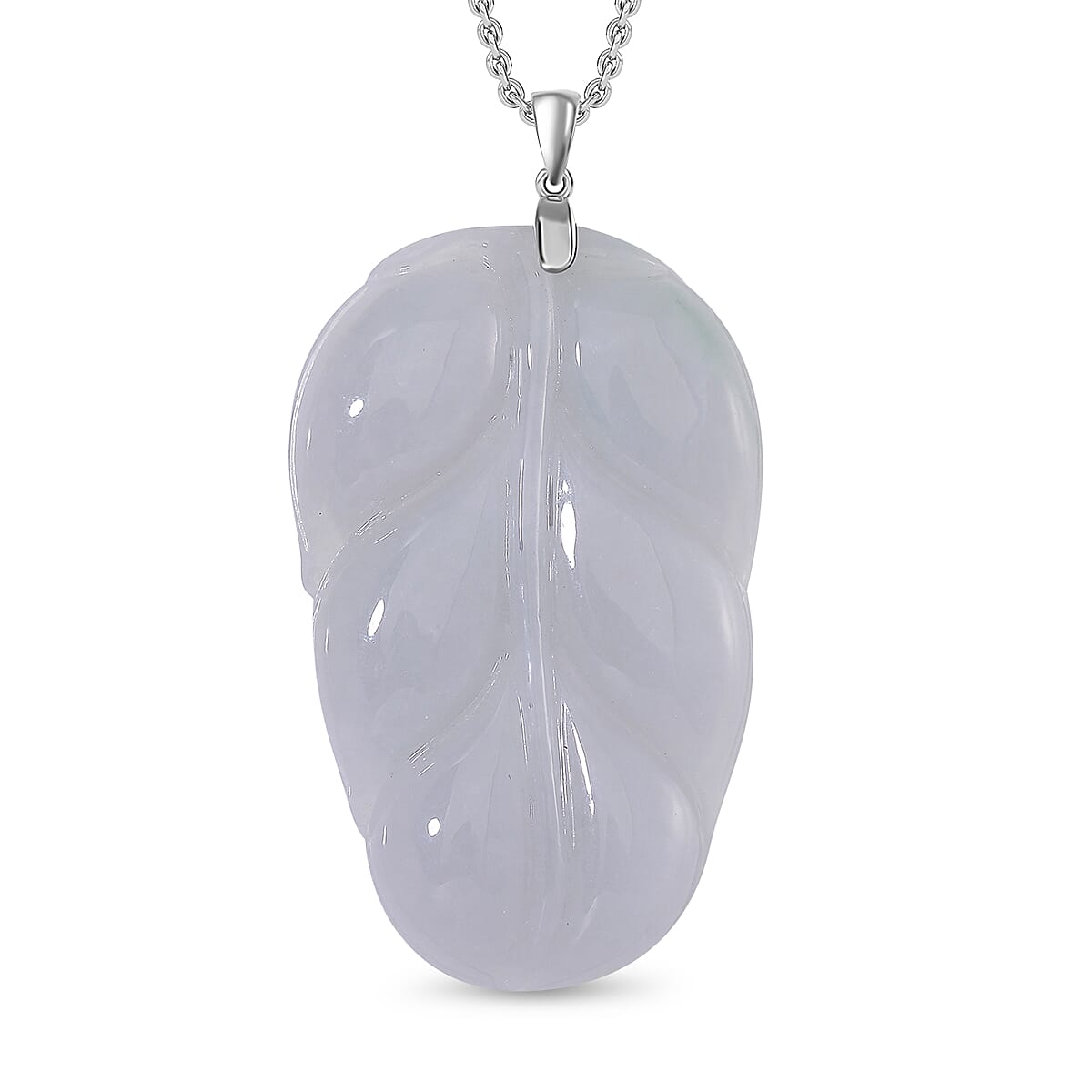 Extreme Rare Find - Natural Type A Jadeite Jade Leaf Pendant with Necklace (Size 20) in Rhodium Ovarlay Sterling Silver 80.00 Ct.