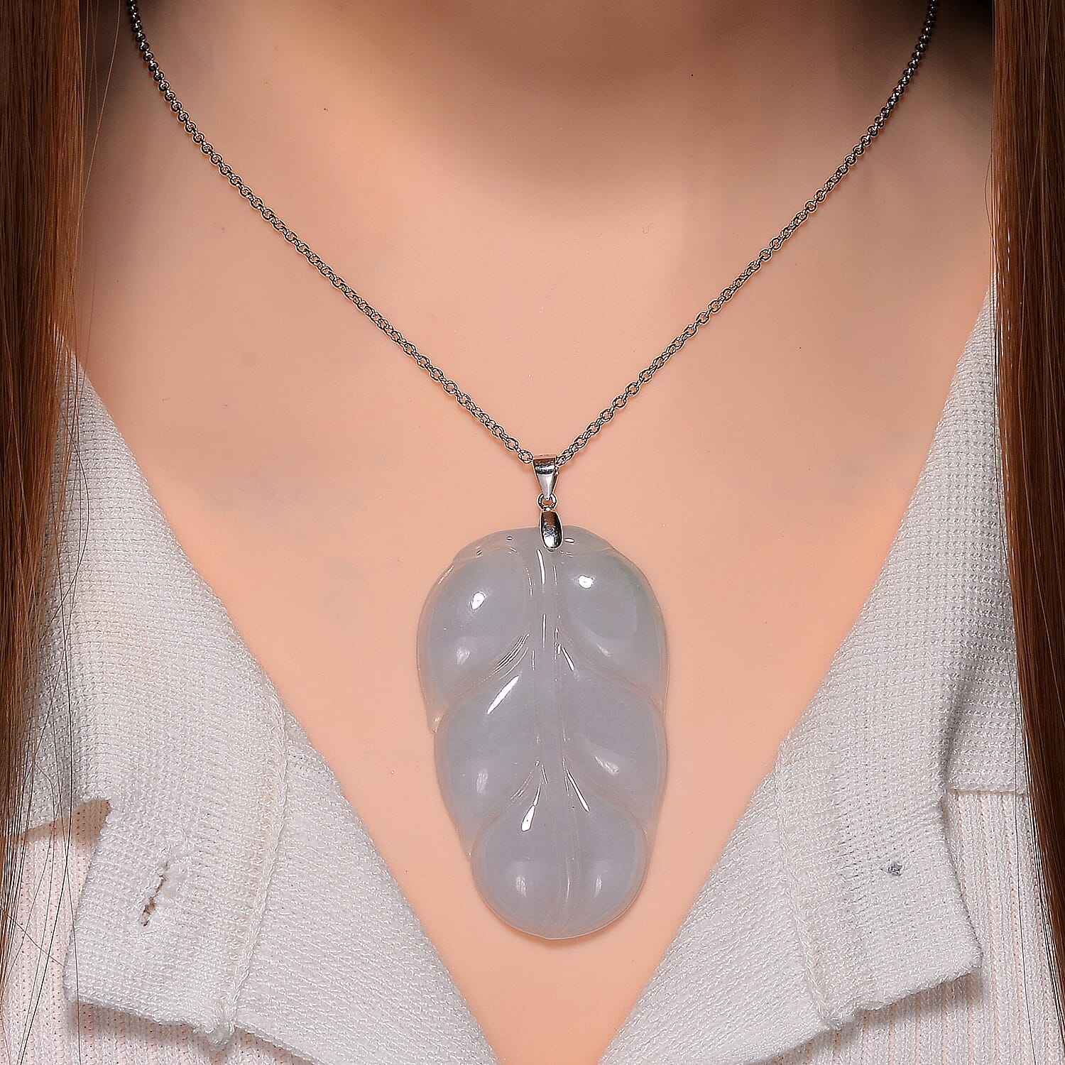 Extreme Rare Find - Natural Type A Jadeite Jade Leaf Pendant with Necklace (Size 20) in Rhodium Ovarlay Sterling Silver 80.00 Ct.