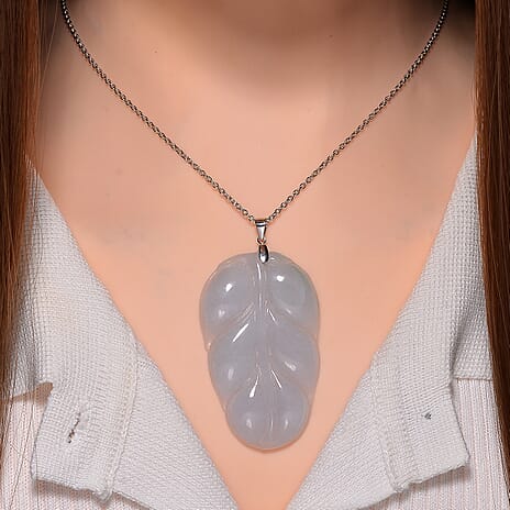Extreme Rare Find - Natural Type A Jadeite Jade Leaf Pendant with Necklace (Size 20) in Rhodium Ovarlay Sterling Silver 80 Ct.