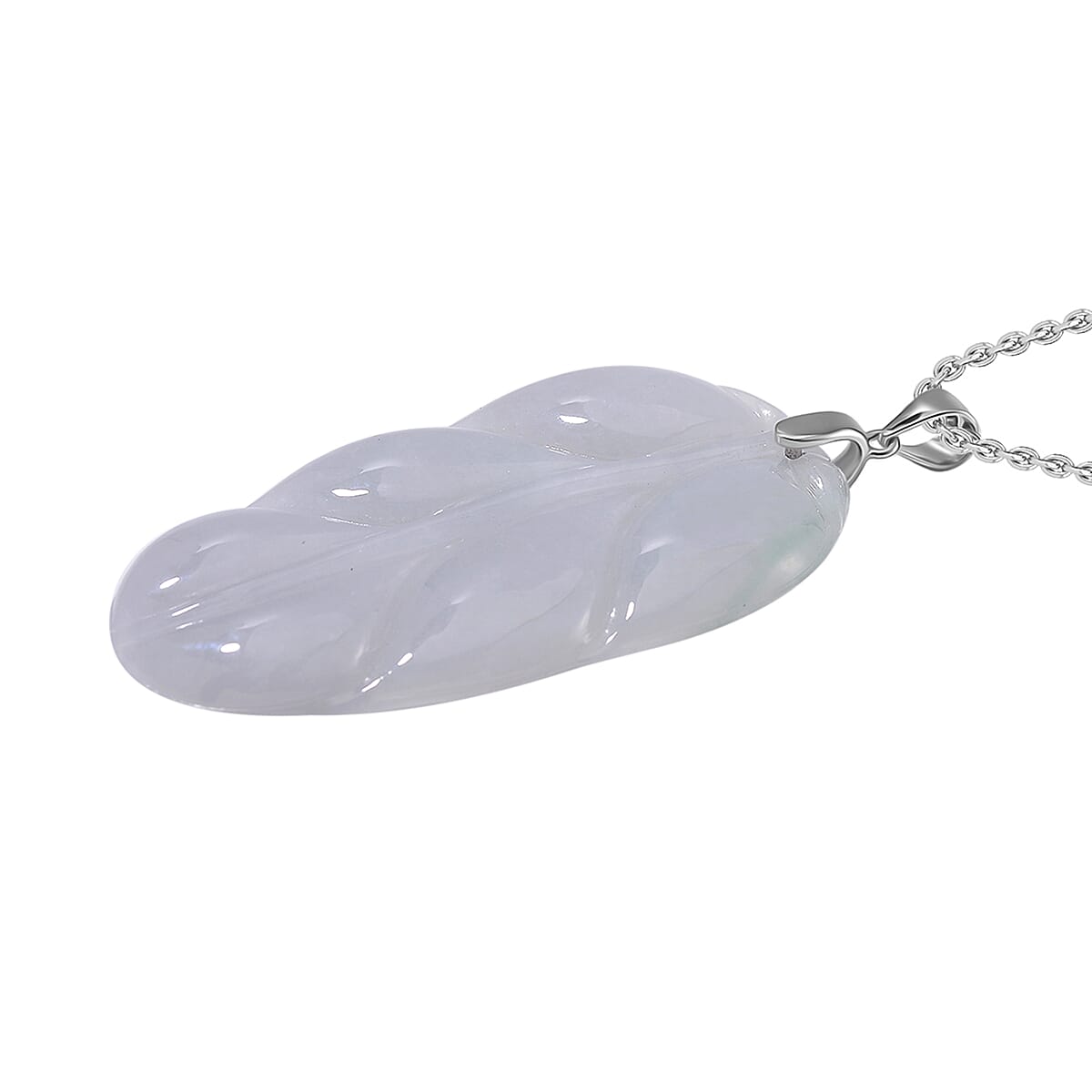 Extreme Rare Find - Natural Type A Jadeite Jade Leaf Pendant with Necklace (Size 20) in Rhodium Ovarlay Sterling Silver 80.00 Ct.