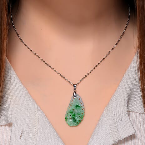 Natural Type A Bi Colour Jadeite Pendant With Chain (Size 20) in Rhodium Sterling Silver