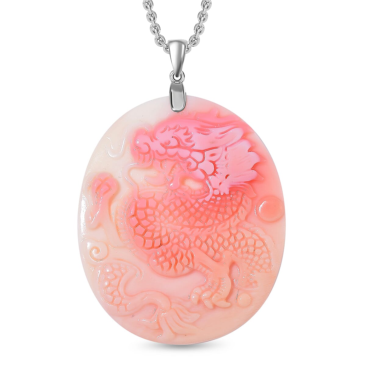 Queen Conch Shell Dragon Pendant with Chain (Size 20) in Rhodium Overlay Sterling Silver