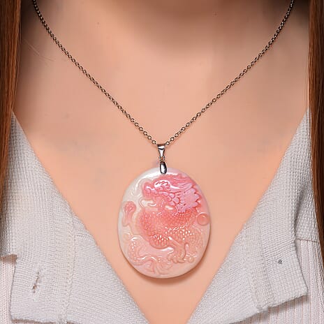 Queen Conch Shell Dragon Pendant with Chain (Size 20) in Rhodium Overlay Sterling Silver