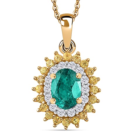 Gemfields Zambian Emerald, Yellow Sapphire & Moissanite Pendant with Chain (Size - 20) in 18K Yellow Gold Vermeil Plated Sterling Silver 1.62 Ct