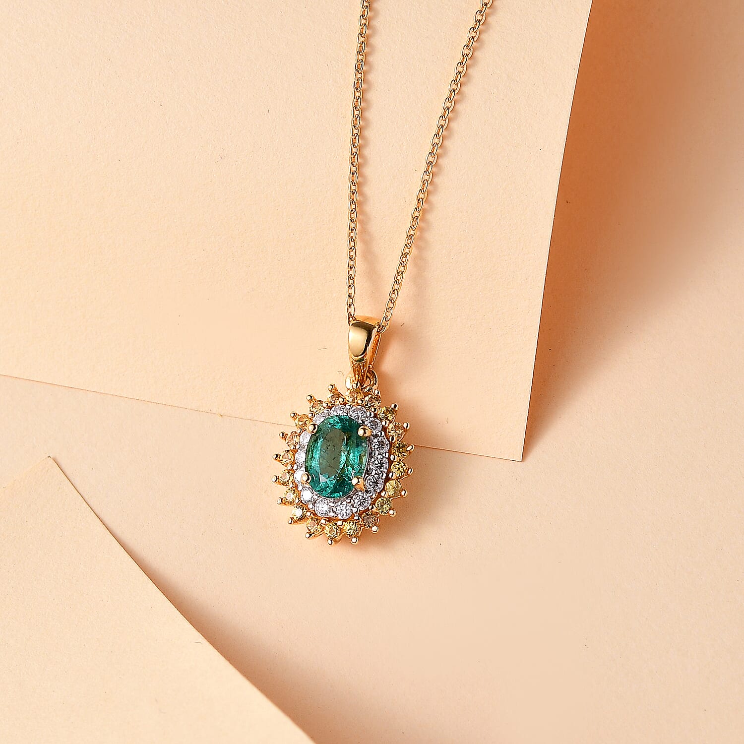 Gemfields Zambian Emerald, Yellow Sapphire & Moissanite Pendant with Chain (Size - 20) in 18K Yellow Gold Vermeil Plated Sterling Silver 1.62 Ct
