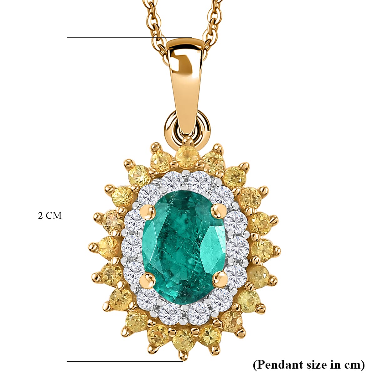 Gemfields Zambian Emerald, Yellow Sapphire & Moissanite Pendant with Chain (Size - 20) in 18K Yellow Gold Vermeil Plated Sterling Silver 1.62 Ct