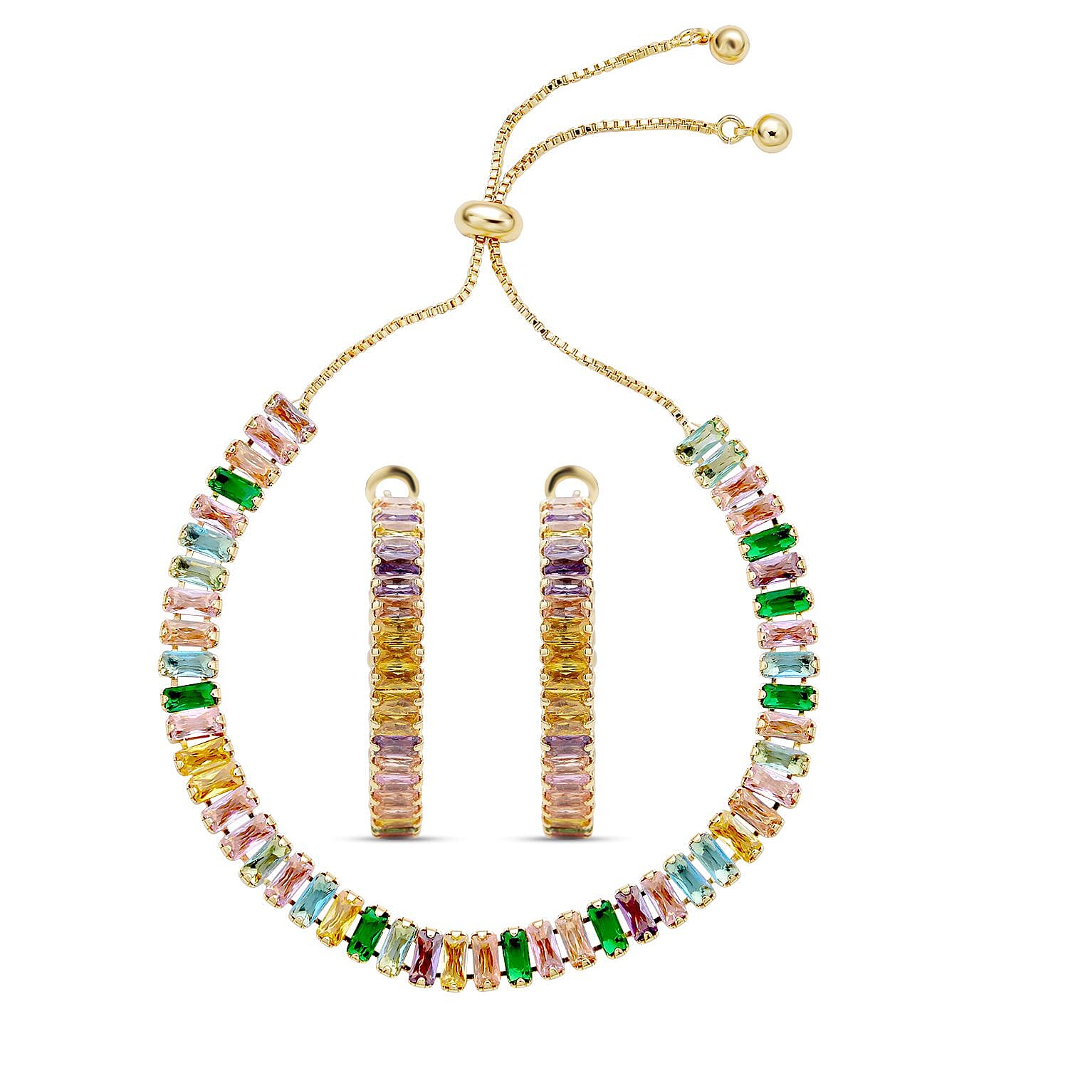 2 Piece Set -  Multi Color Cubic Zirconia Bracelet and Earring With Push Back  (Size 6.5-9.5)