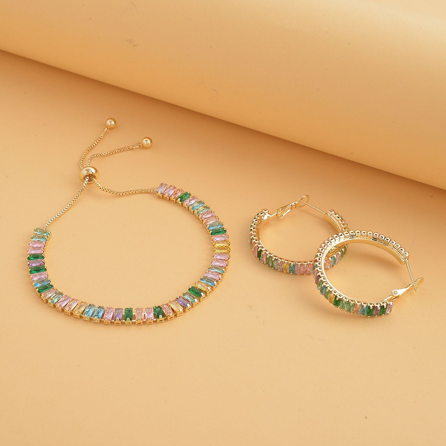 2 Piece Set -  Multi Color Cubic Zirconia Bracelet and Earring With Push Back  (Size 6.5-9.5)
