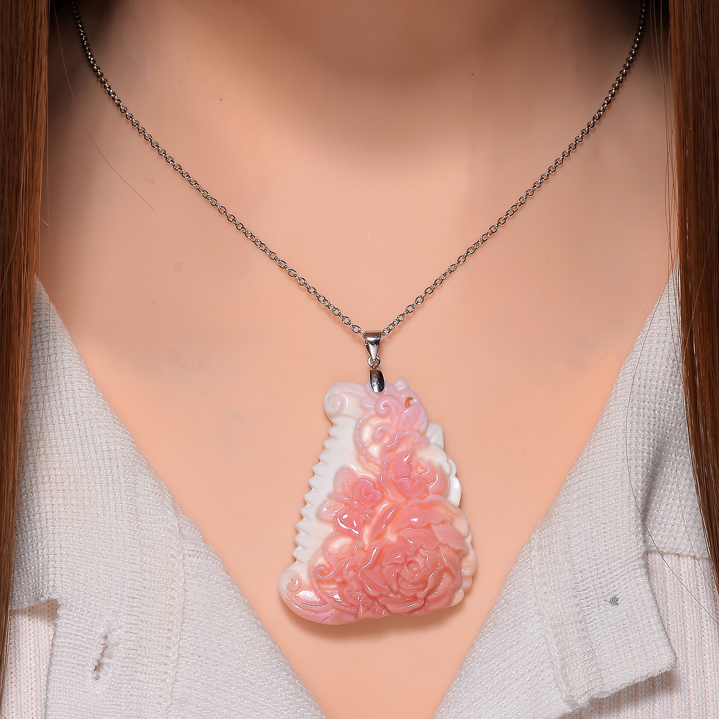 Queen Conch Shell Carved Butterfly Pendant with Chain (Size 20) in Rhodium Overlay Sterling Silver