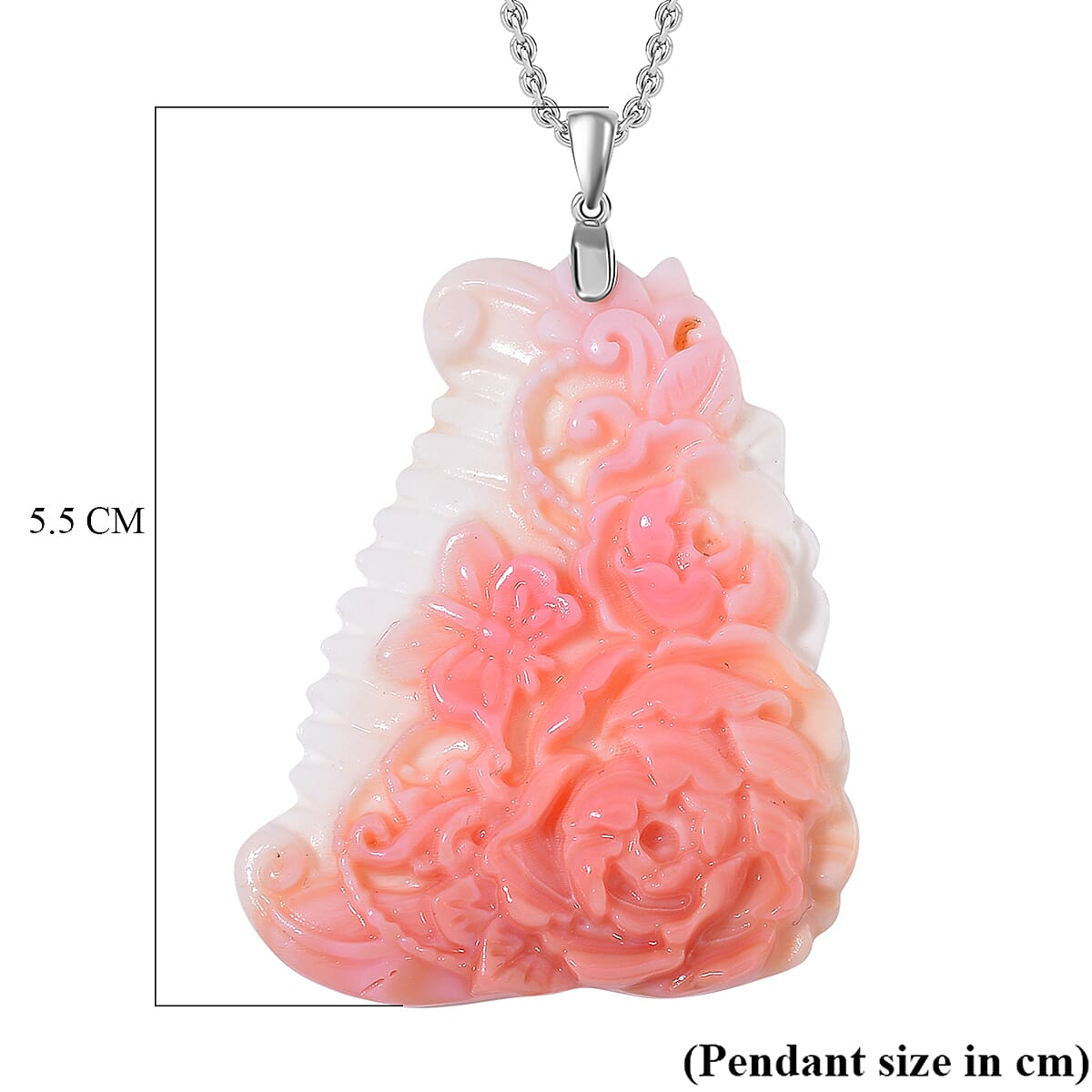 Queen Conch Shell Carved Butterfly Pendant with Chain (Size 20) in Rhodium Overlay Sterling Silver