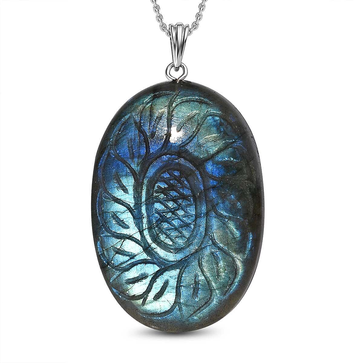 Close Out- Labradorite Pendant with Chain (Size 20) in Rhodium Overlay Sterling Silver 75.0 Ct.