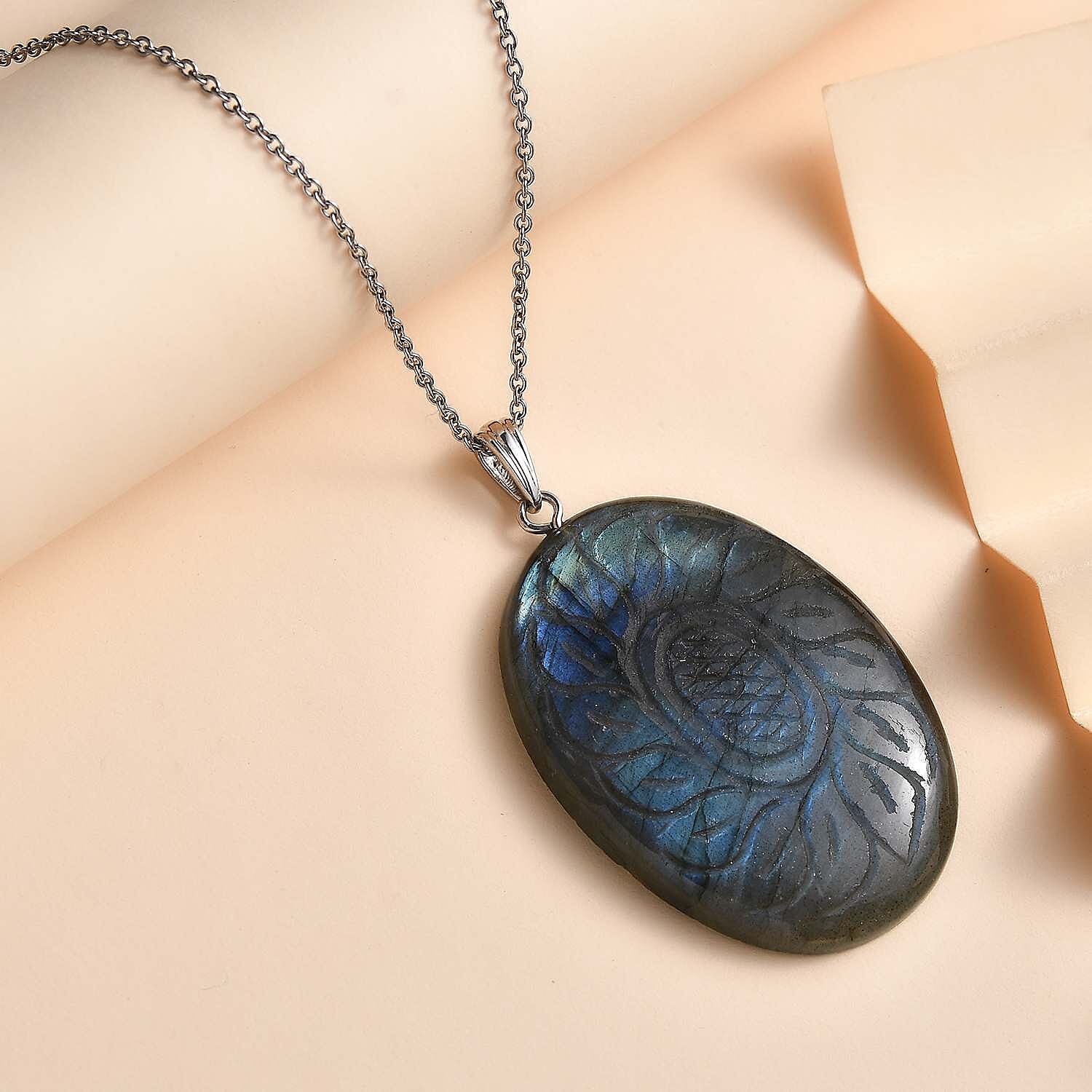 Close Out- Labradorite Pendant with Chain (Size 20) in Rhodium Overlay Sterling Silver 75.0 Ct.