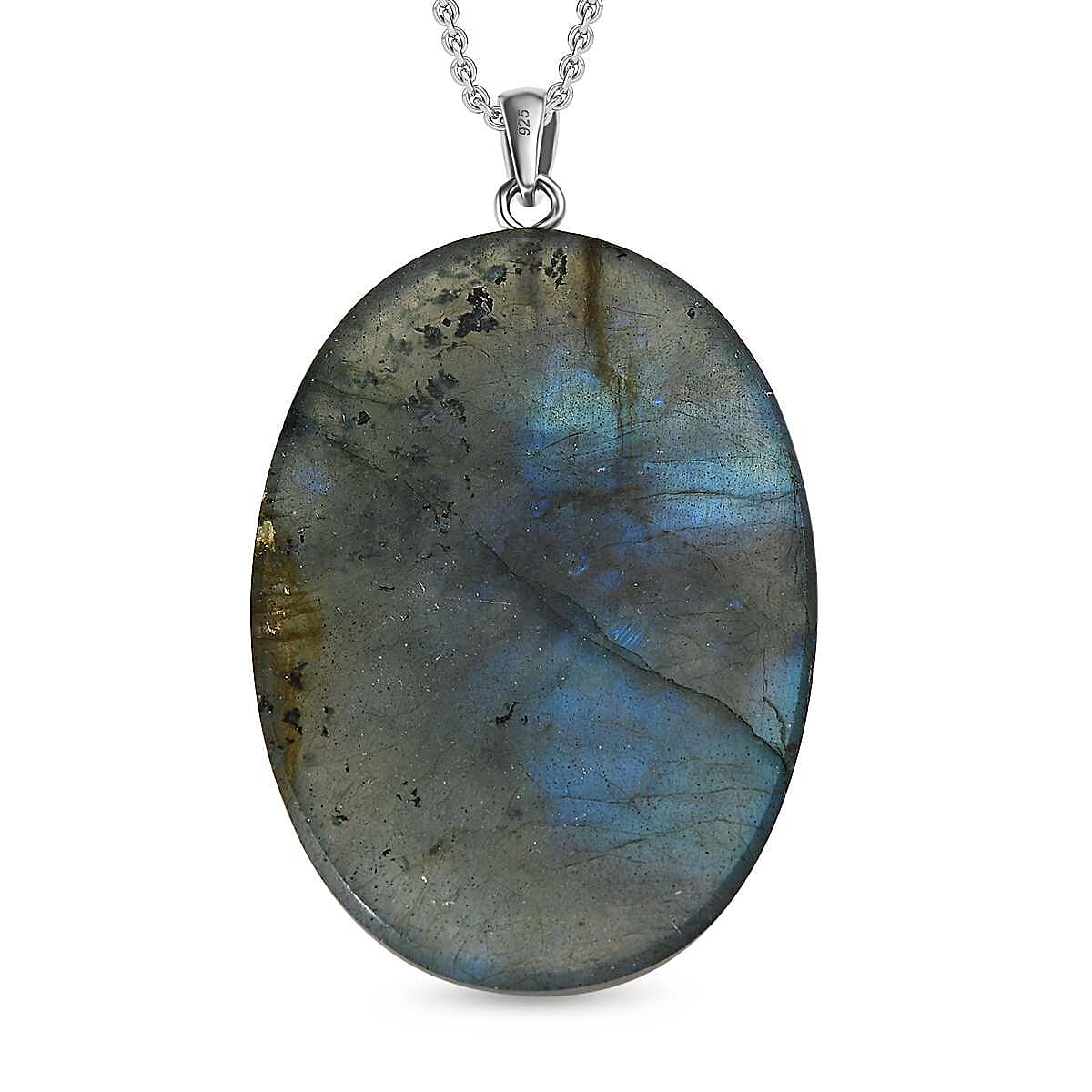 Close Out- Labradorite Pendant with Chain (Size 20) in Rhodium Overlay Sterling Silver 75.0 Ct.