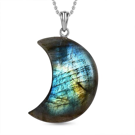 Close Out - Labradorite Pendant with Chain (Size - 20) in Rhodium Overlay Sterling Silver 50.0 Ct.