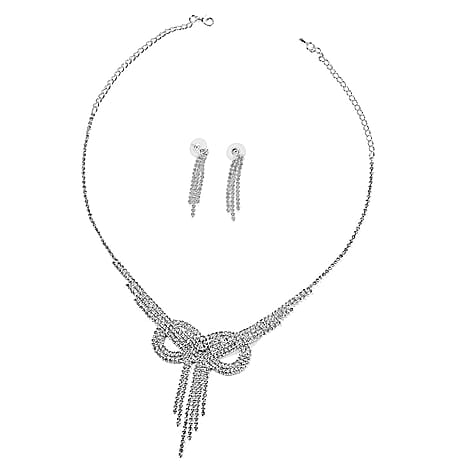2 Piece Set -  White Crystal Necklace (Size 24 with Ext) and Push Back Earring