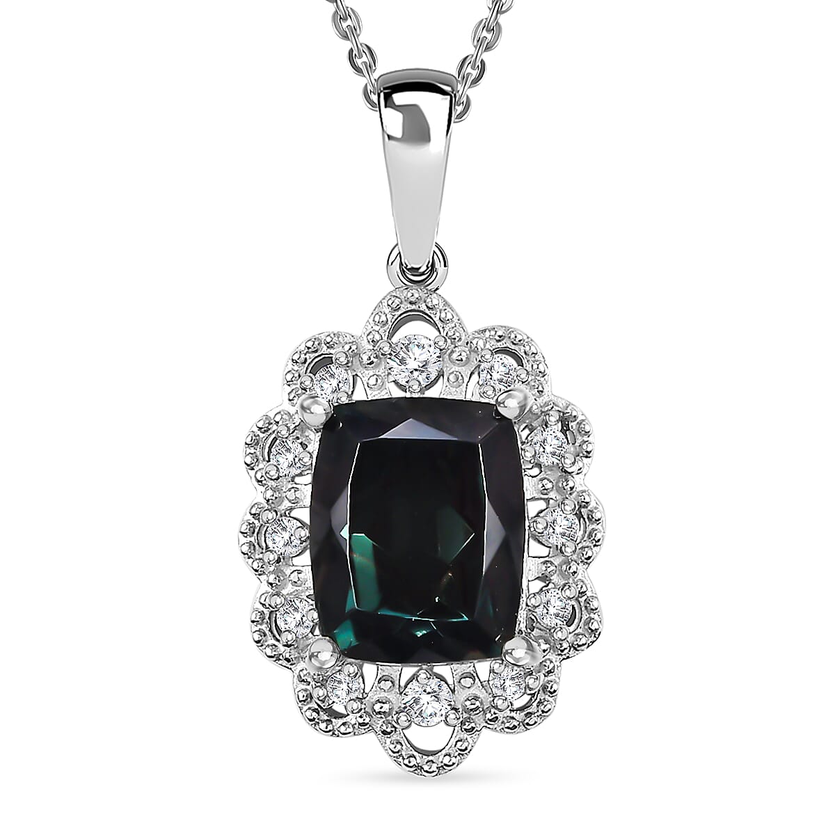 Alexandrite Triplet Quartz, White Zircon Pendant with Chain (Size 20) in Rhodium Overlay Sterling Silver 3.61 Ct.