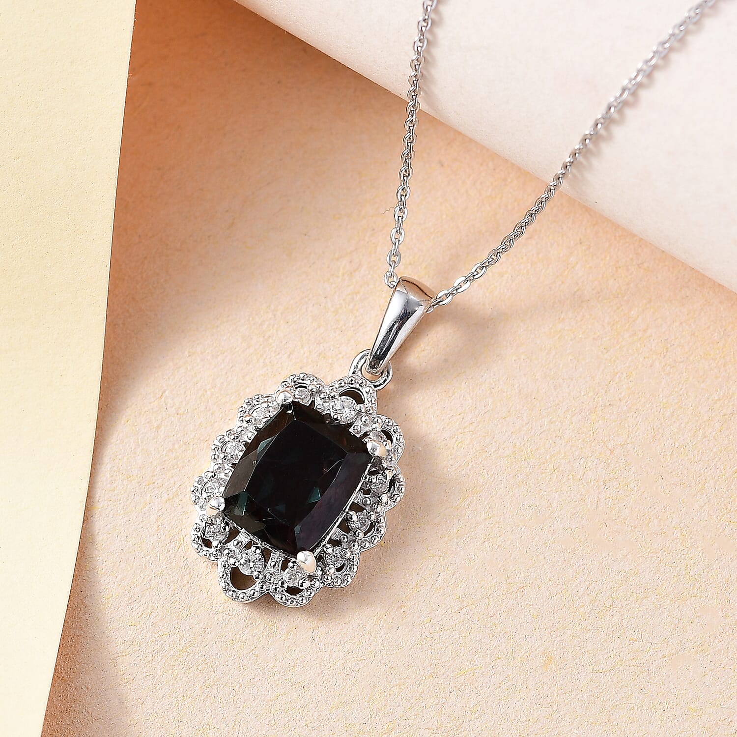 Alexandrite Triplet Quartz, White Zircon Pendant with Chain (Size 20) in Rhodium Overlay Sterling Silver 3.61 Ct.
