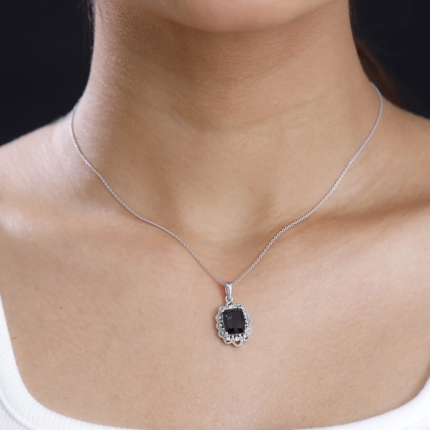 Alexandrite Triplet Quartz, White Zircon Pendant with Chain (Size 20) in Rhodium Overlay Sterling Silver 3.61 Ct.