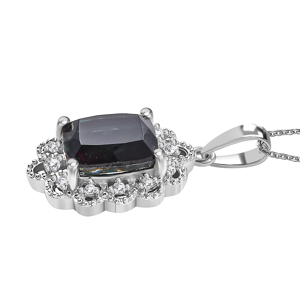 Alexandrite Triplet Quartz, White Zircon Pendant with Chain (Size 20) in Rhodium Overlay Sterling Silver 3.61 Ct.