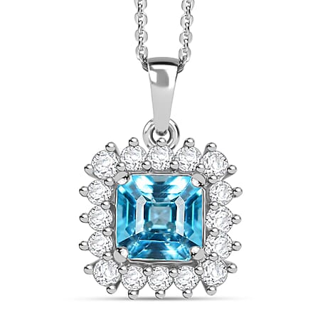 Blue Zircon & White Zircon Pendant with Chain (Size 20) in Rhodium Overlay Sterling Silver 3.24 Ct.