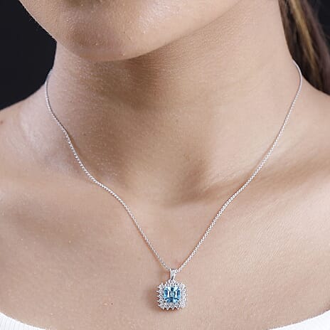 Blue Zircon & White Zircon Pendant with Chain (Size 20) in Rhodium Overlay Sterling Silver 3.24 Ct.
