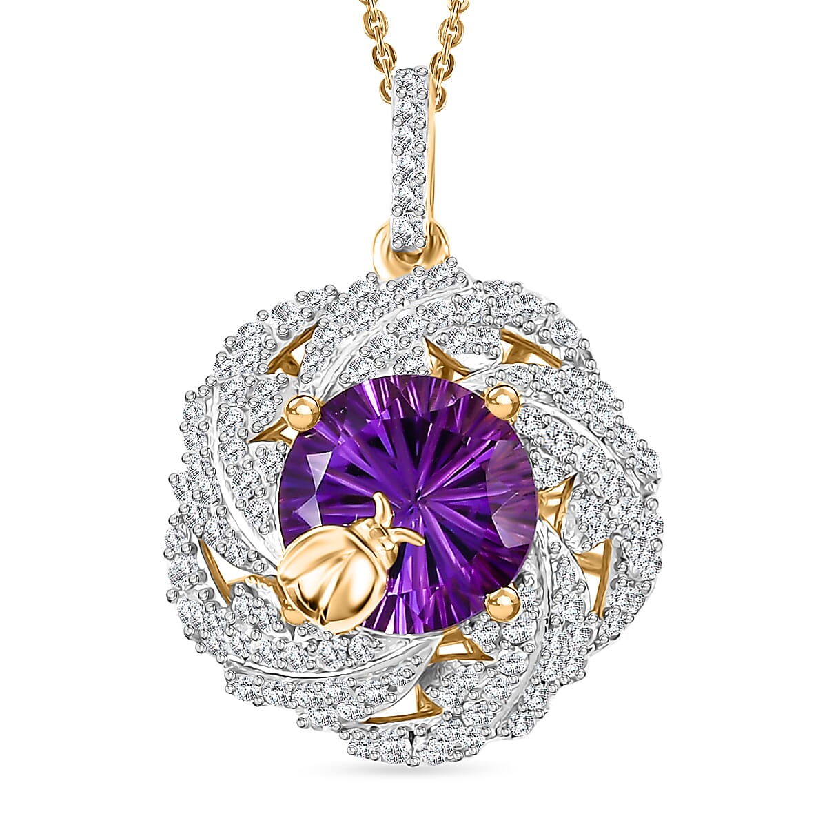 GP Italian Garden Collection - African Amethyst, Blue Sapphire & White Zircon Cluster Pendant with Chain in (Size 20) in 18K Vermeil  Yellow Gold Plated Sterling Silver 6.86 Ct.