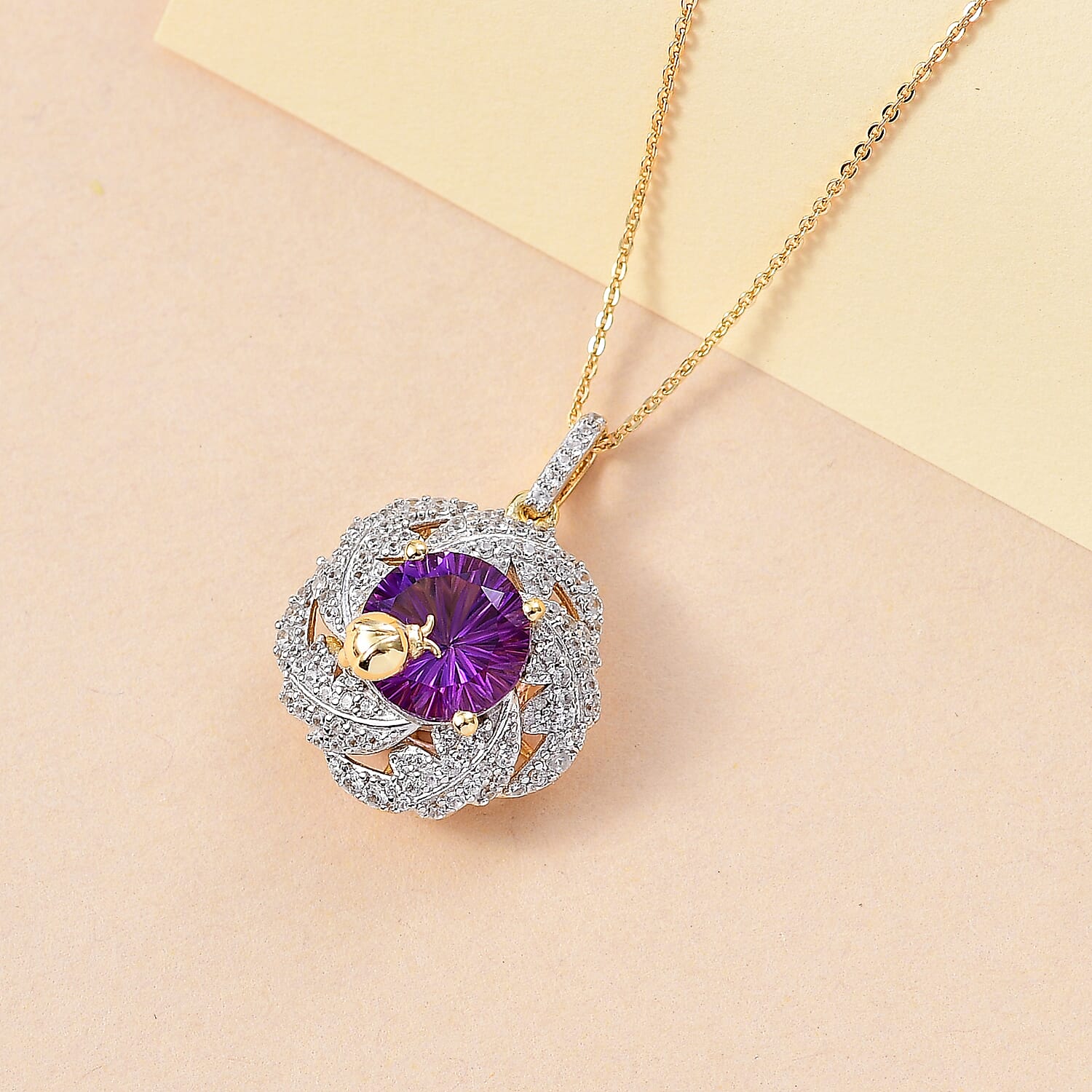 GP Italian Garden Collection - African Amethyst, Blue Sapphire & White Zircon Cluster Pendant with Chain in (Size 20) in 18K Vermeil  Yellow Gold Plated Sterling Silver 6.86 Ct.