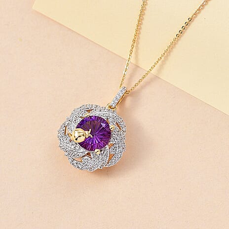GP Italian Garden Collection - African Amethyst, Blue Sapphire & White Zircon Cluster Pendant with 18k YG Vermeil Sterling Silver 6.86 ct, Silver Wt. 5.47 Gms
