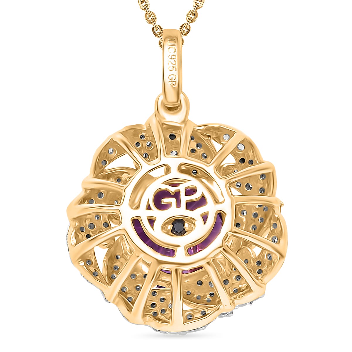 GP Italian Garden Collection - African Amethyst, Blue Sapphire & White Zircon Cluster Pendant with Chain in (Size 20) in 18K Vermeil  Yellow Gold Plated Sterling Silver 6.86 Ct.