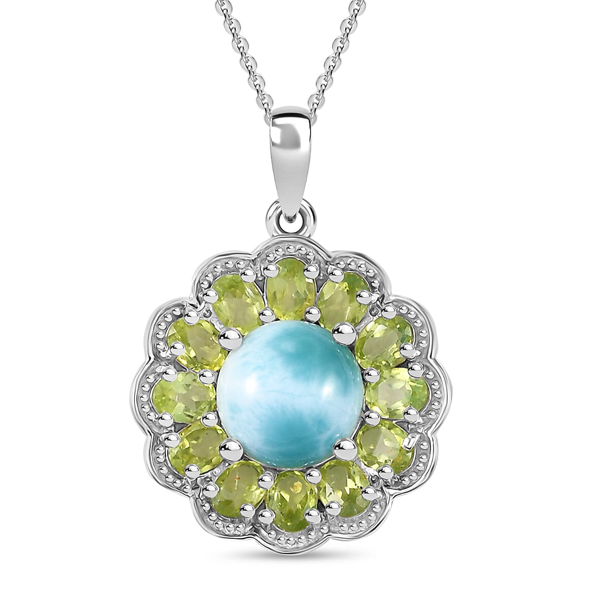 Natural Teal Green Larimar & Peridot Pendant with Chain (Size - 20) in Rhodium Overlay Sterling Silver 5.61 Ct.