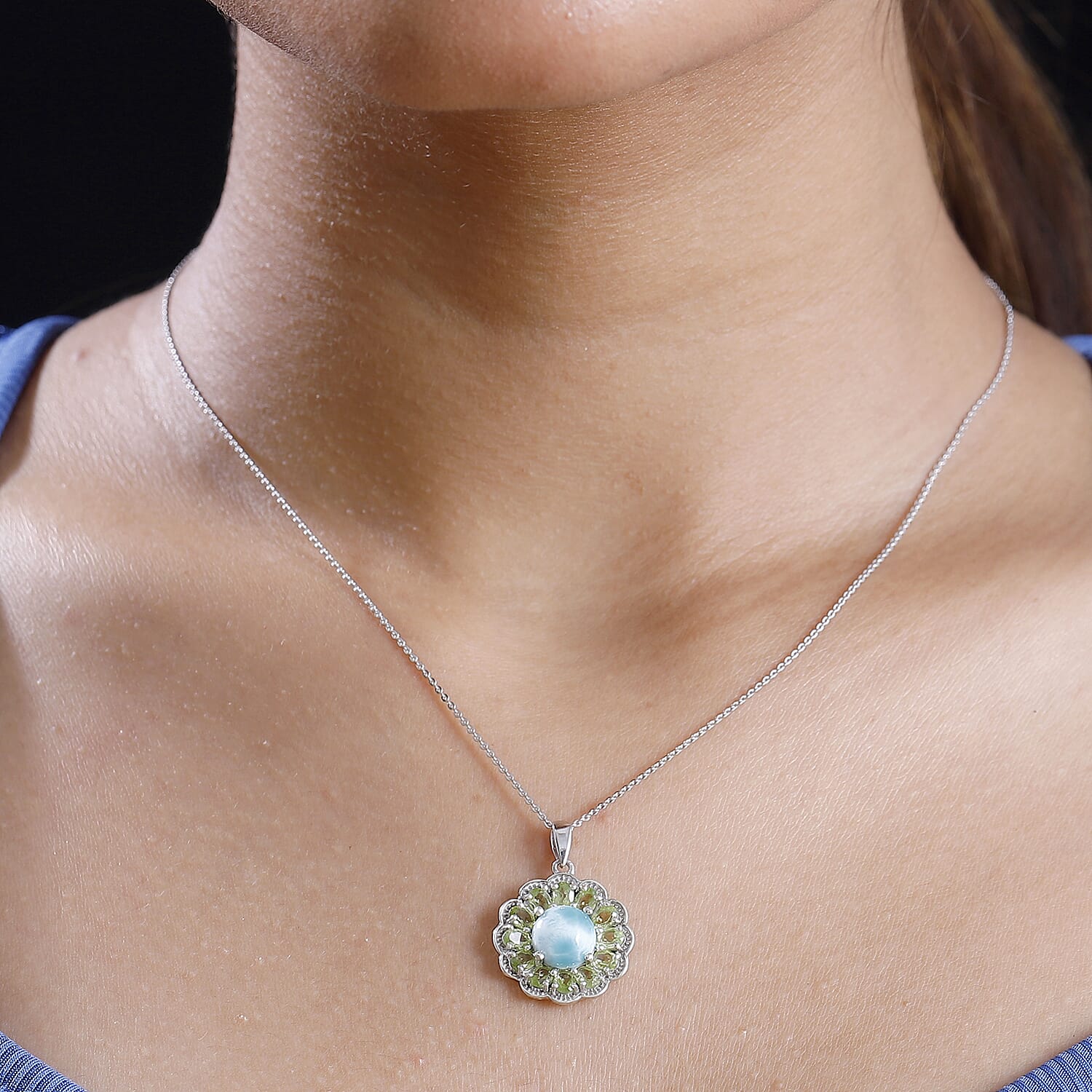 Natural Teal Green Larimar & Peridot Pendant with Chain (Size - 20) in Rhodium Overlay Sterling Silver 5.61 Ct.