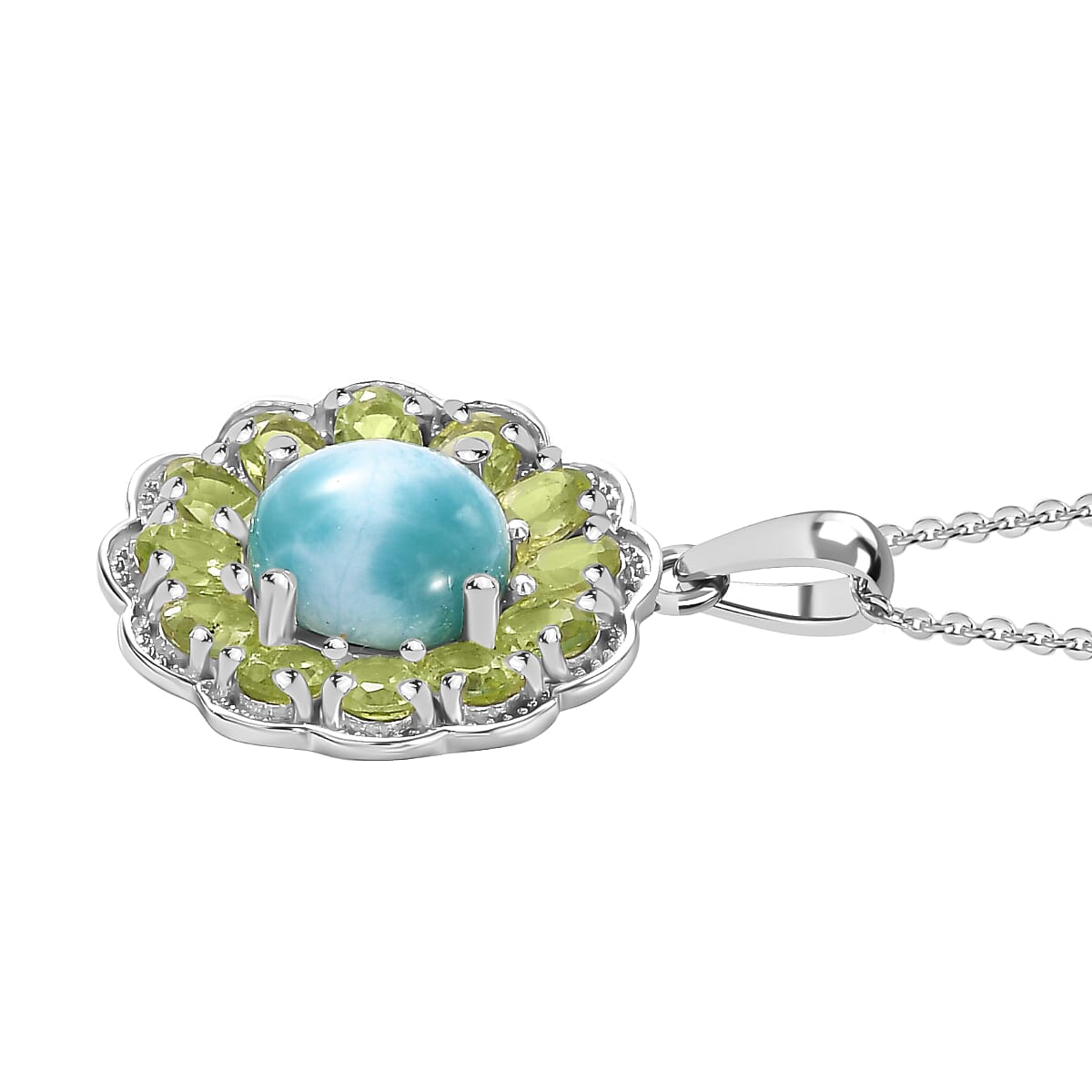 Natural Teal Green Larimar & Peridot Pendant with Chain (Size - 20) in Rhodium Overlay Sterling Silver 5.61 Ct.
