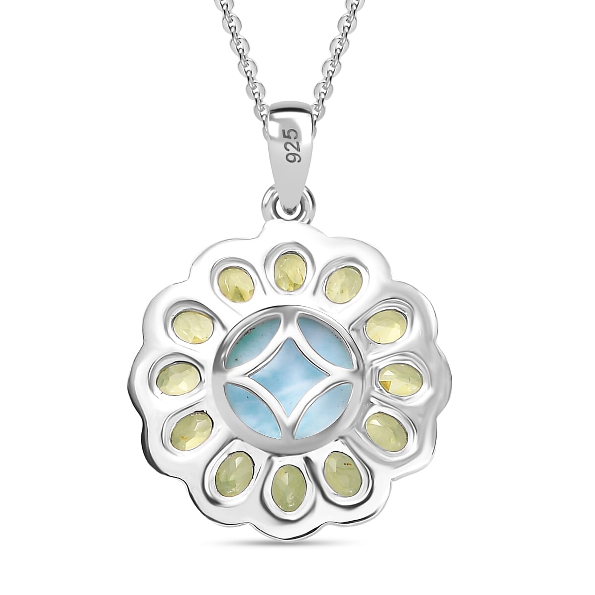 Natural Teal Green Larimar & Peridot Pendant with Chain (Size - 20) in Rhodium Overlay Sterling Silver 5.61 Ct.