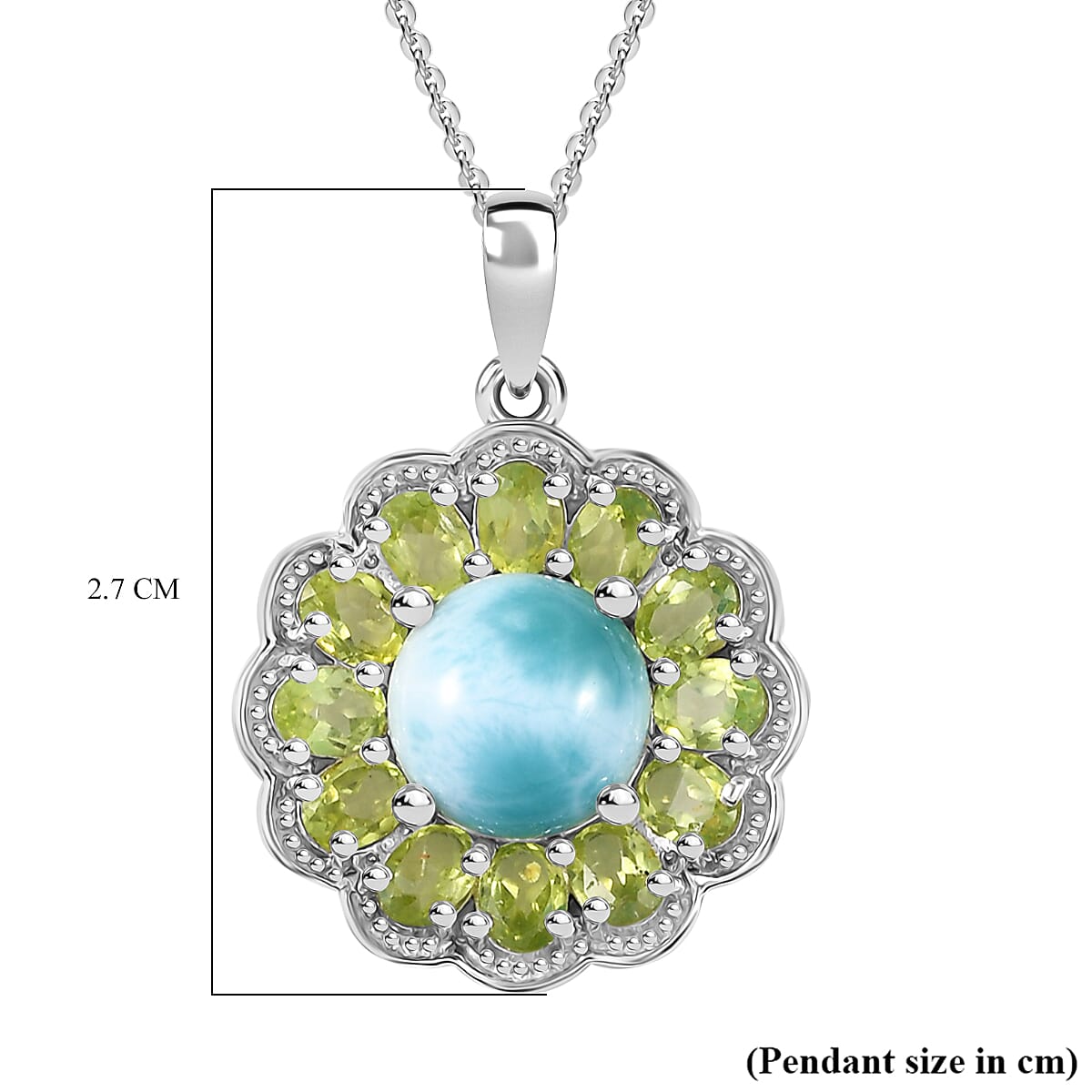 Natural Teal Green Larimar & Peridot Pendant with Chain (Size - 20) in Rhodium Overlay Sterling Silver 5.61 Ct.