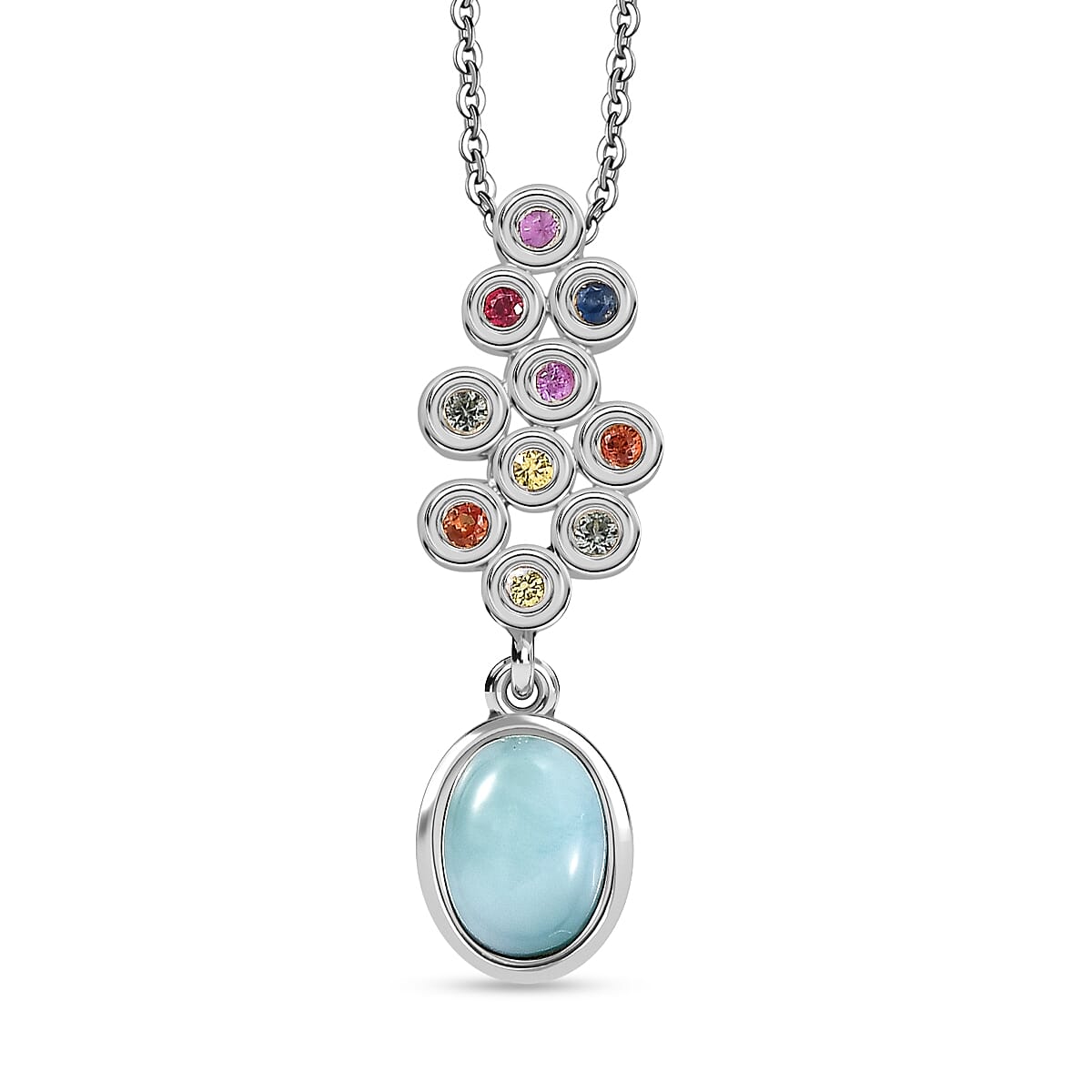 Natural Teal Green Larimar & Multi Sapphire Pendant with Chain (Size - 20) in Rhodium Overlay Sterling Silver 1.20 Ct.