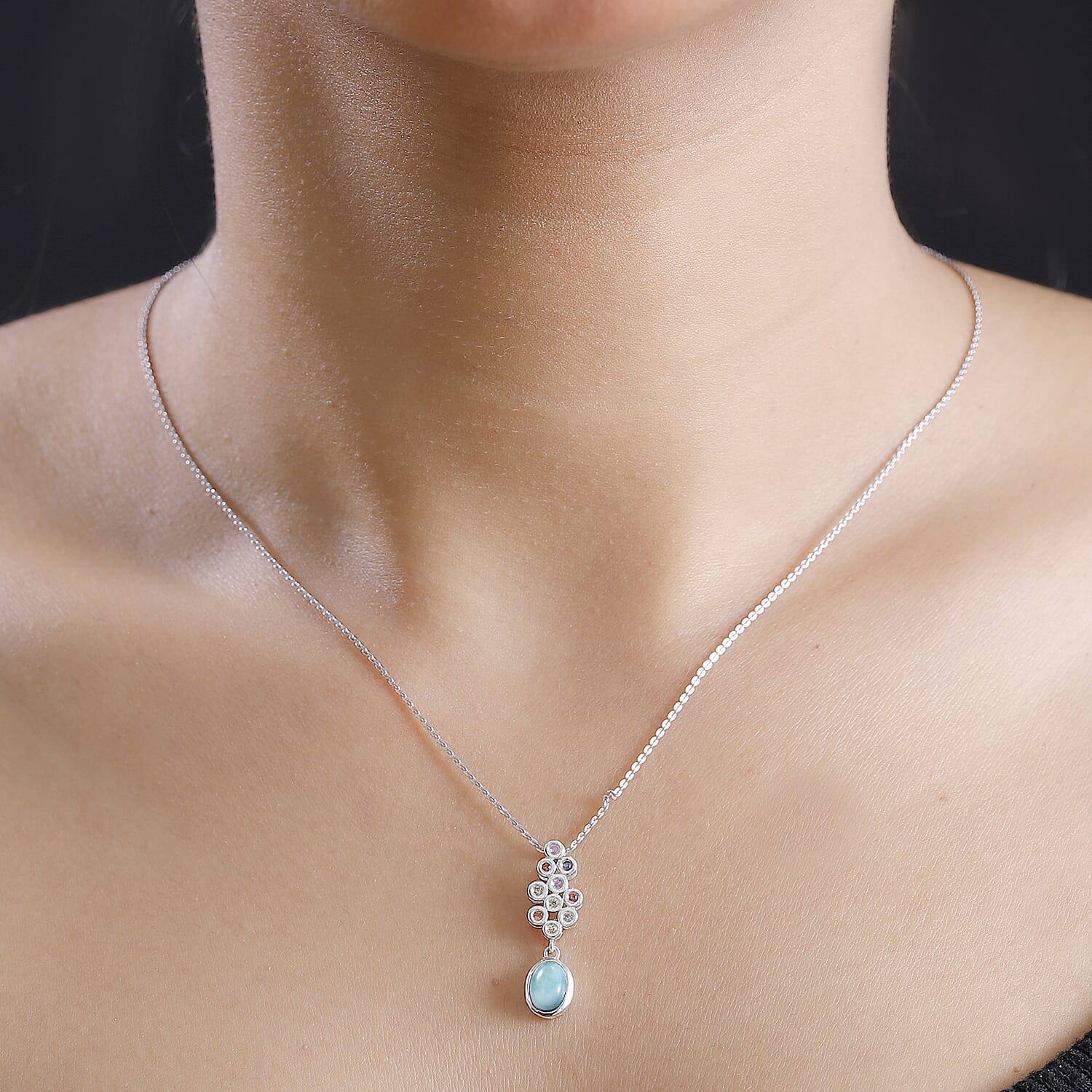 Natural Teal Green Larimar & Multi Sapphire Pendant with Chain (Size - 20) in Rhodium Overlay Sterling Silver 1.20 Ct.