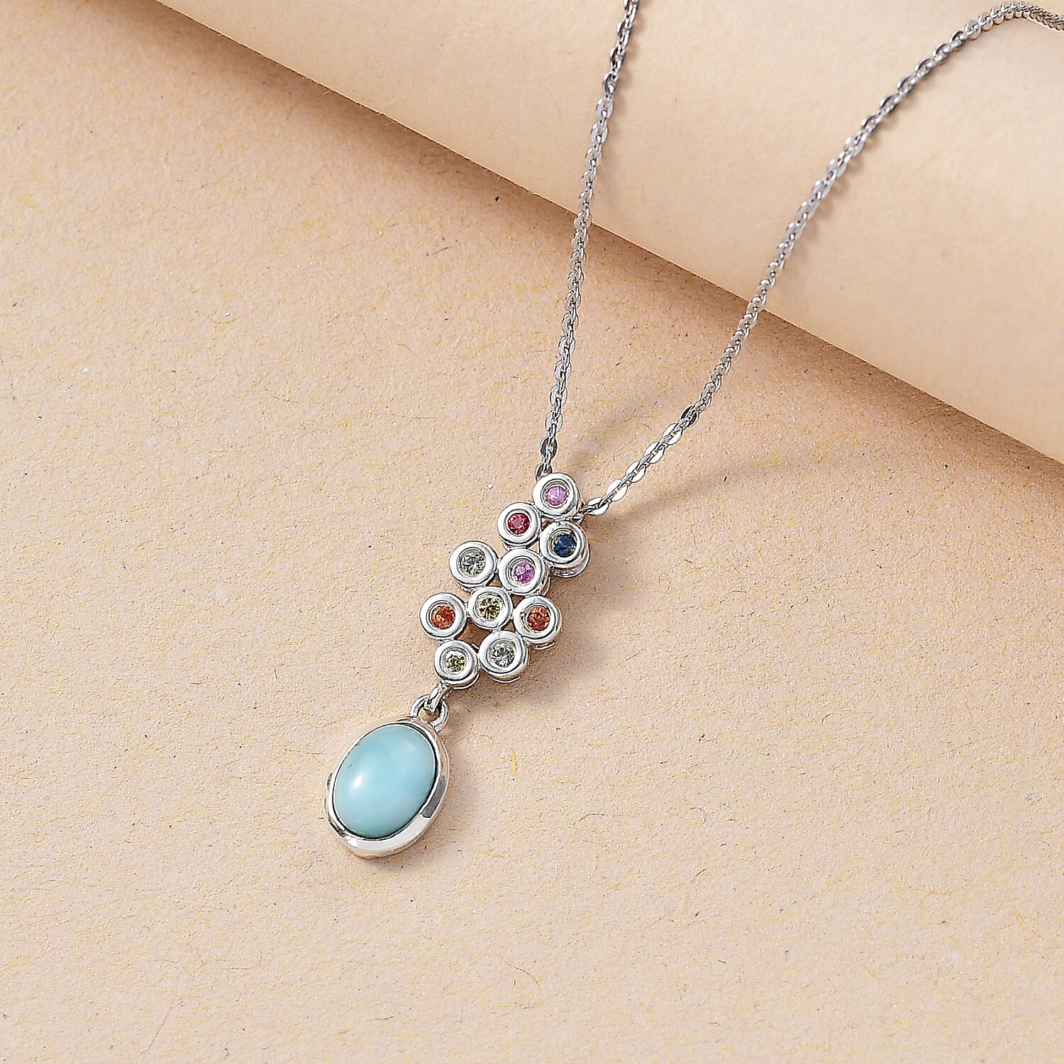 Natural Teal Green Larimar & Multi Sapphire Pendant with Chain (Size - 20) in Rhodium Overlay Sterling Silver 1.20 Ct.