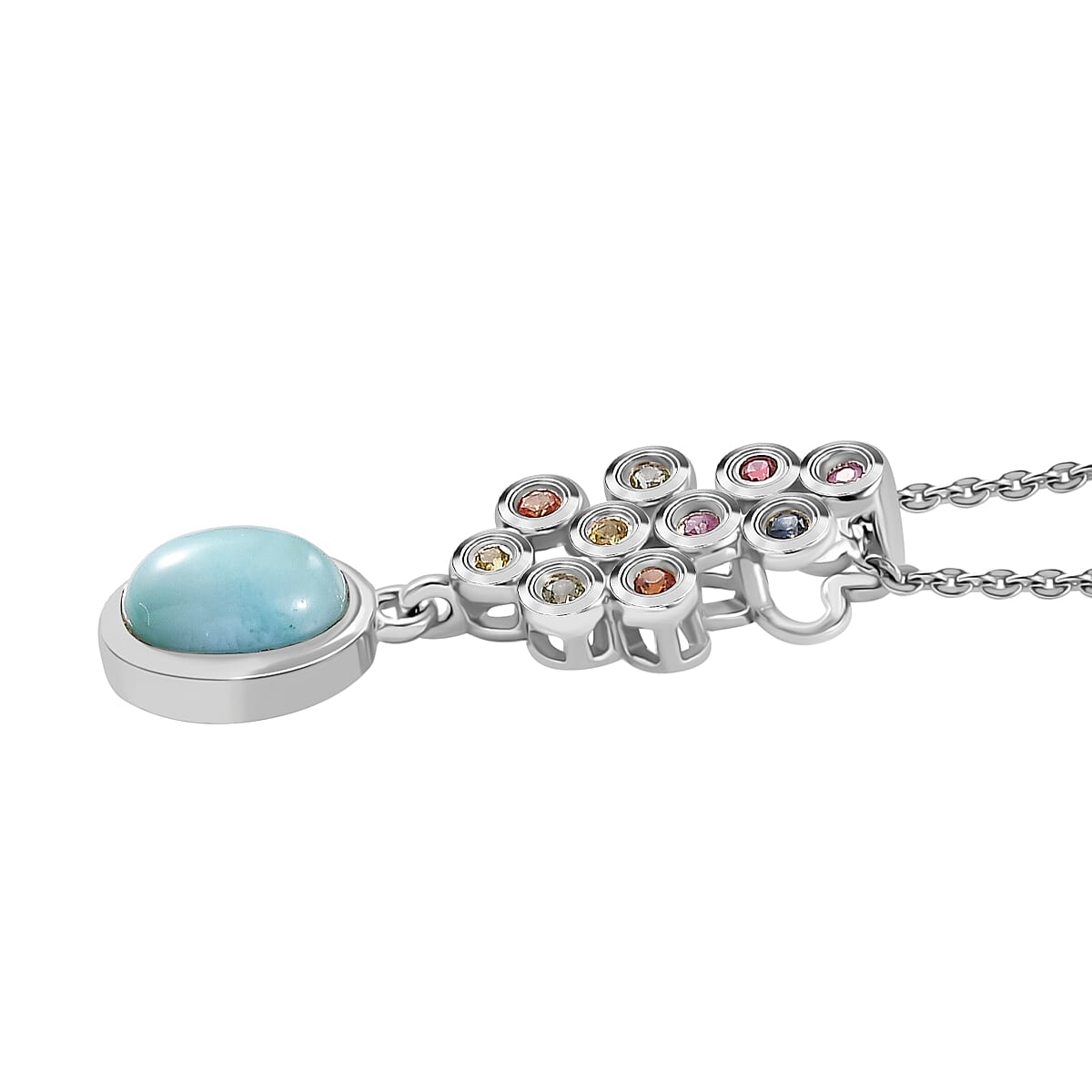 Natural Teal Green Larimar & Multi Sapphire Pendant with Chain (Size - 20) in Rhodium Overlay Sterling Silver 1.20 Ct.